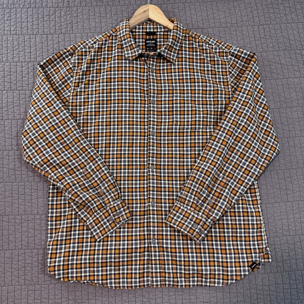 Prana Los Feliz Flannel Shirt Men XL Orange Blue Plaid Mid-Weight Pocket Outdoor